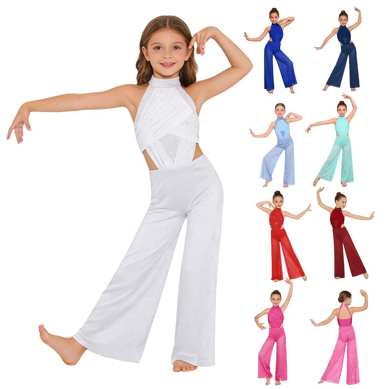Girls Bodysuit Performance Dancewear Sparkly Jumpsuit Front Strappy Wide-Leg gallery