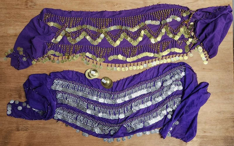 Belly Dancing Skirts & Zills, Purple with Silver/Gold, With Beads & Coins, Qty 2