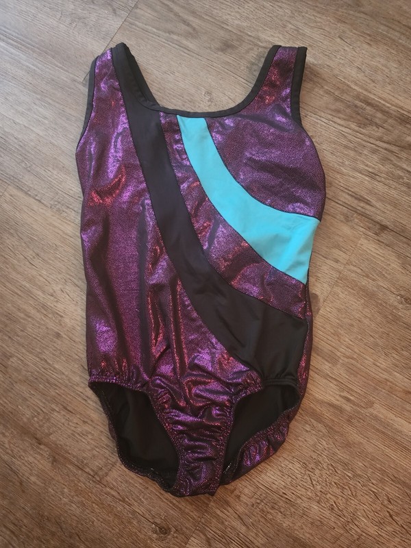 Danskin Now Girl’s Small (6-6x ) Black Sleeveless Purple Leotard Dance Metallic