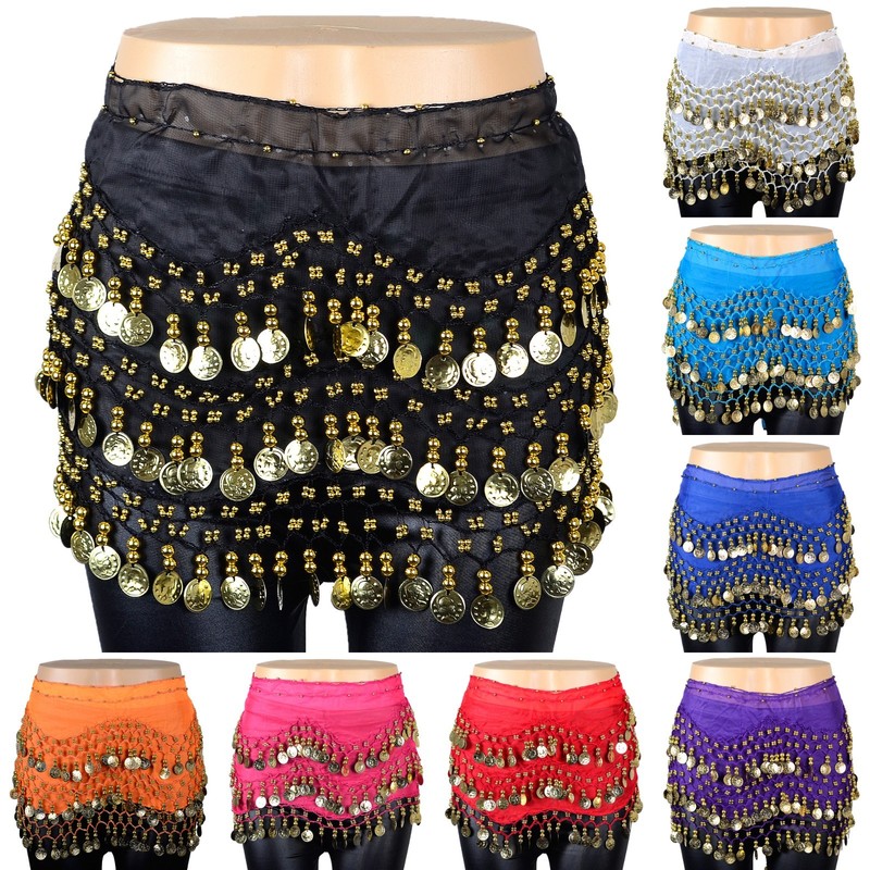 158 Gold Coins Women’s Belly Dance Hip Scarf Skirt Wrap Chiffon Sequins Beads