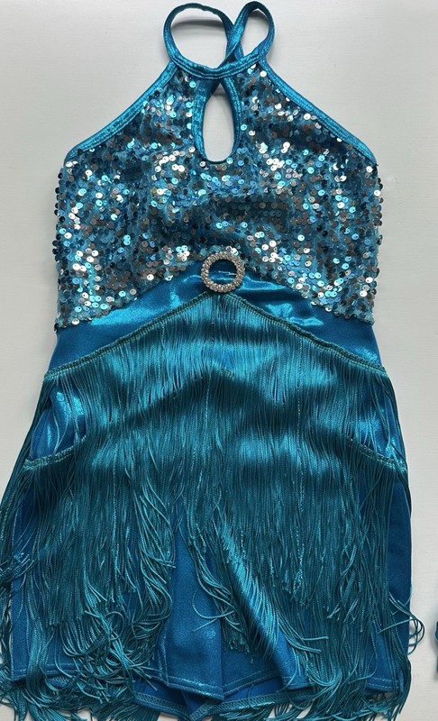 Turquoise Fringe Sequin Girls Latin Jazz / Tap Dance Costume Leotard