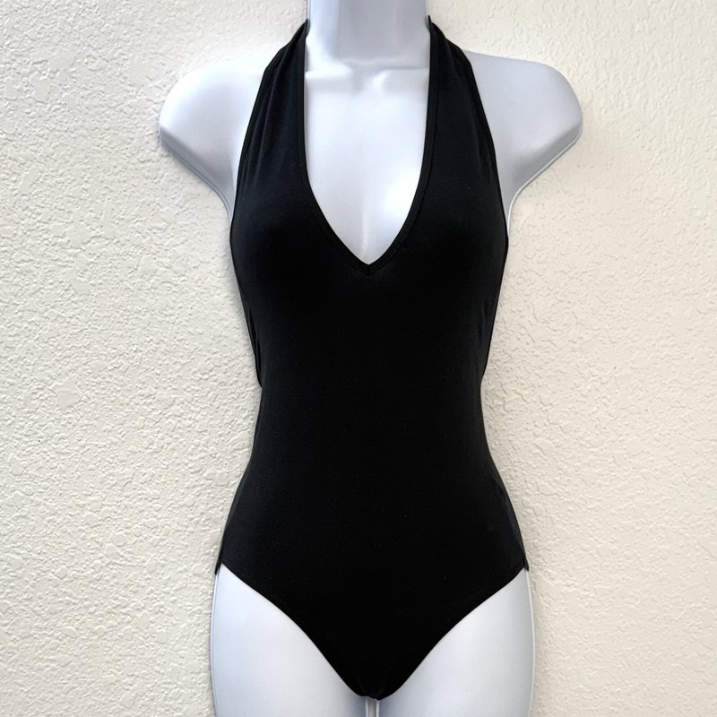 AMERICAN APPAREL Womens XS Black Cotton Backless Plunge Halter LEOTARD Dance