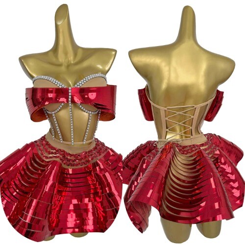 Sparkly Gold Diamond Sexy Top Short Skirt 2-Pcs Set Party NightClub Stage Outfit