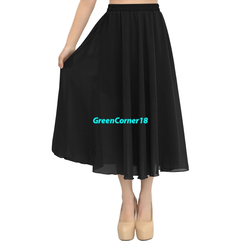 Women Maxi Skirt Chiffon Double Layer Pleated Retro Dress Waist 60 cm Long Midi