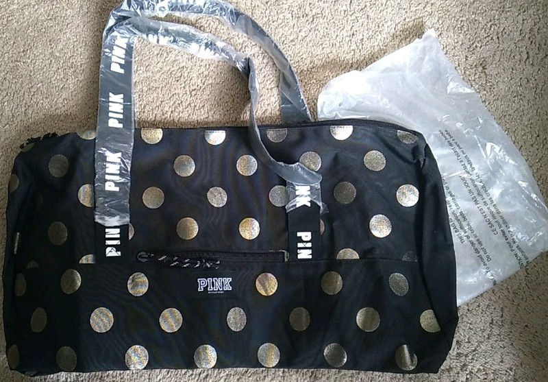 VS PINK DUFFEL BAG BLACK/GOLD POLKA DOTS 21” SUPER CUTE HTF NEW