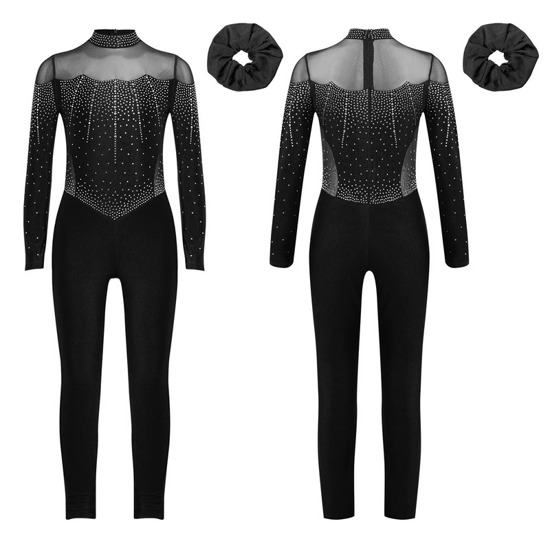Girls Jumpsuit Sports Figure Skating Competitions Bodysuit Sparkly Unitard Yoga