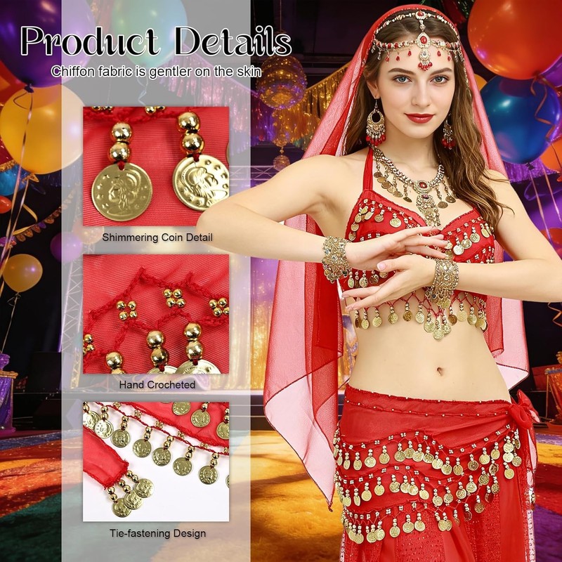 Women's Tie Waist Belly Dance Wrap Coin Skirt Hip Scarf Costume Belly Dance gallery