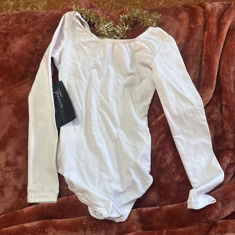 Theatrical Classwear White Leotard Gold Tassels On Neckline Long Sleeve Small gallery