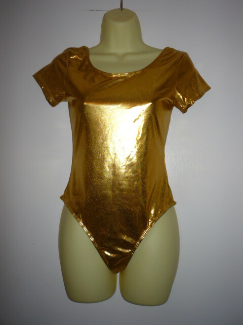 DANCEWEAR IEFIEL GOLD STRETCH LEOTARD COSTUME-SZ LG–SHORT SLEEVE–HIGH LEG–