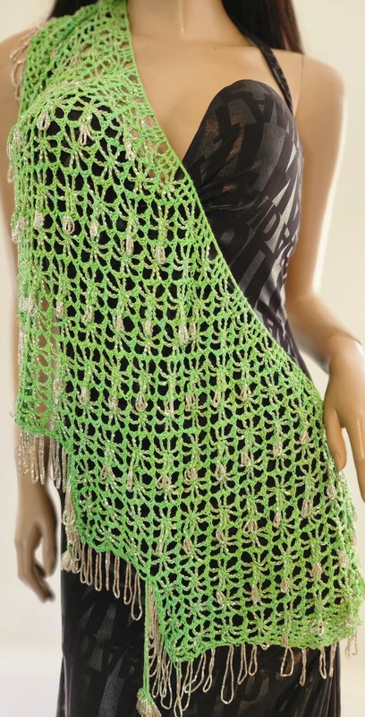 Egyptian Belly Dance Crochet Green Hip scarf beaded no coin 25394