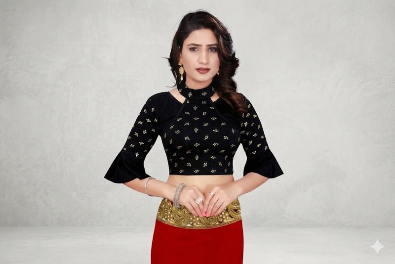 Royal Black Velvet Party Wear Blouse | Floral Gold Booti Work | Ruffle Sleeves