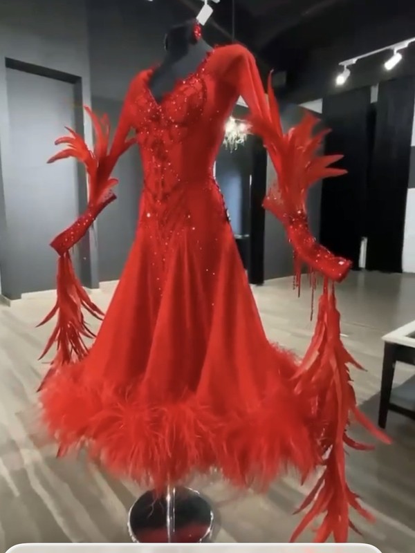 Red ARTI Designer Ballroom Dress – Swarovski Crystals & Ostrich Feathers Size S