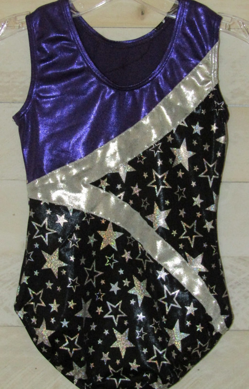 BALERA Leotard Purple Black Silver Foil Metallic Stars CM Childs Girls M gallery