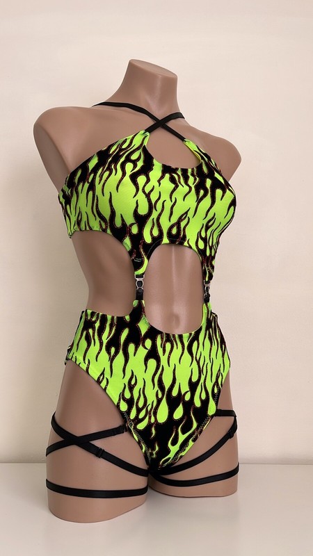 Schminke 🔥 Fire flames Baby Evils mesh dance set Pole wear high leg neon UV