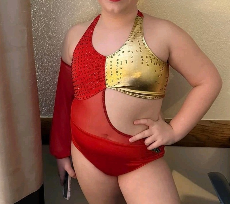 Custom Made Red Adult Dance Costume Size Large Jazz Acro Rose Stones Competition