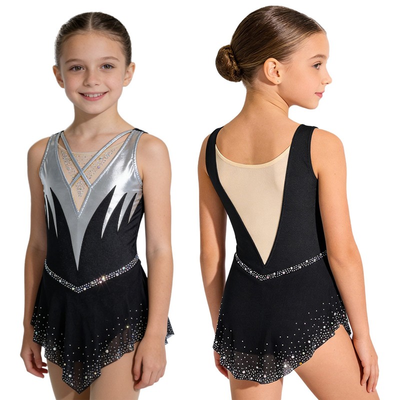Girls’ Gymnastics Figure Skating Ballet Dresses Costume Mesh Patchwork Sparkling
