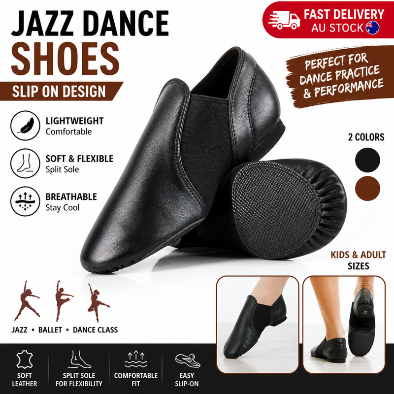 Jazz Dance Shoes Leather Slip On Soft Sole Lightweight Black Brown