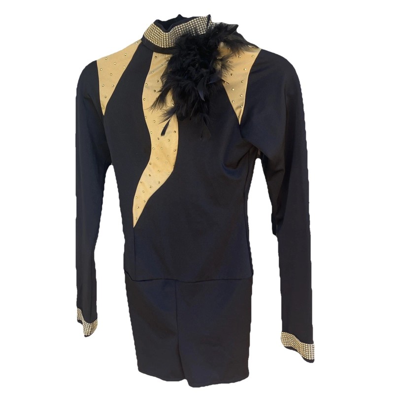 Kelle Dance costume Teen Black Gold Sequins Feather Embellished Trim, Shiny Gold