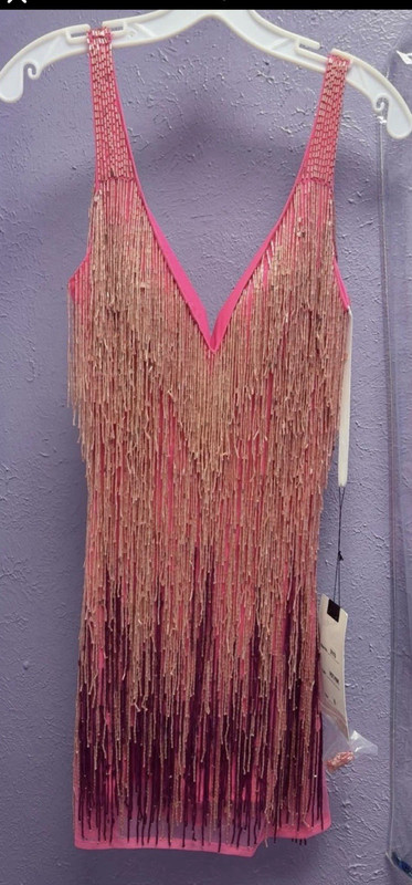 Women’s Pink Fringe Sequin Dance Costume Dress, V-Neck Spaghetti Strap