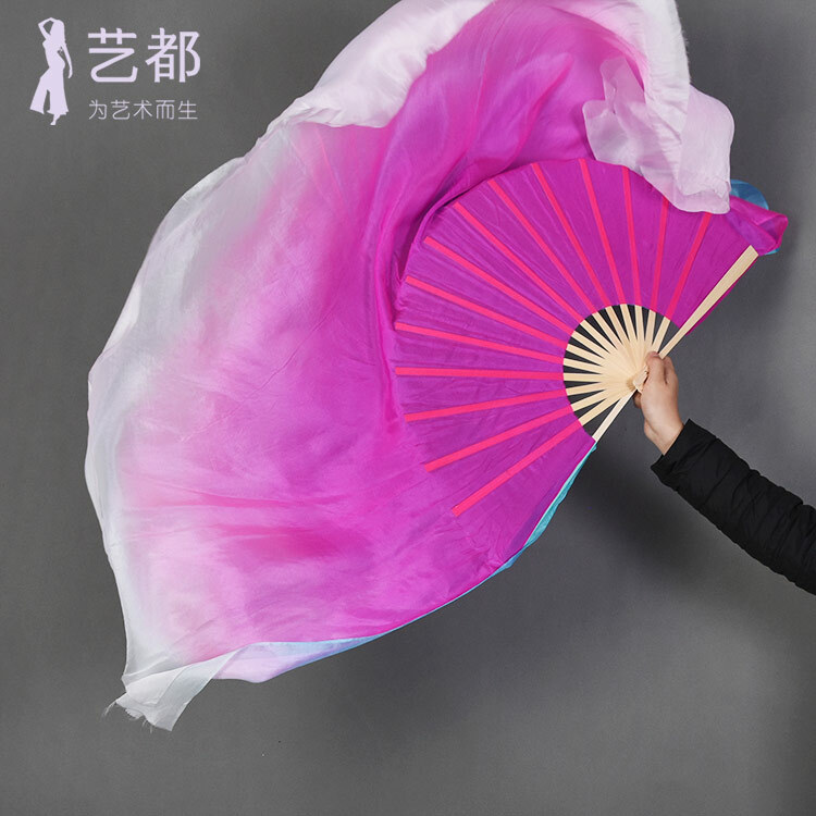2Pcs Double Side Rose Red Lake Blue Belly Dance Silk Bamboo Long Flutter Fan gallery