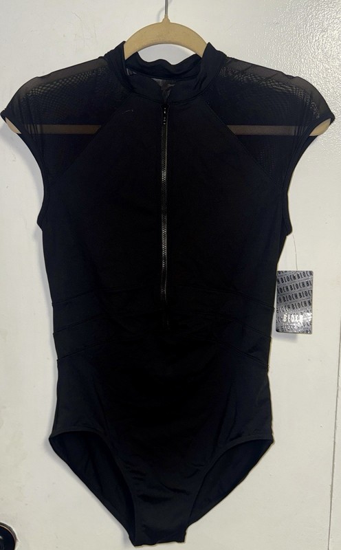 Bloch Black Mesh Zip Front Dance Leotard XL Cap Sleeve NWT