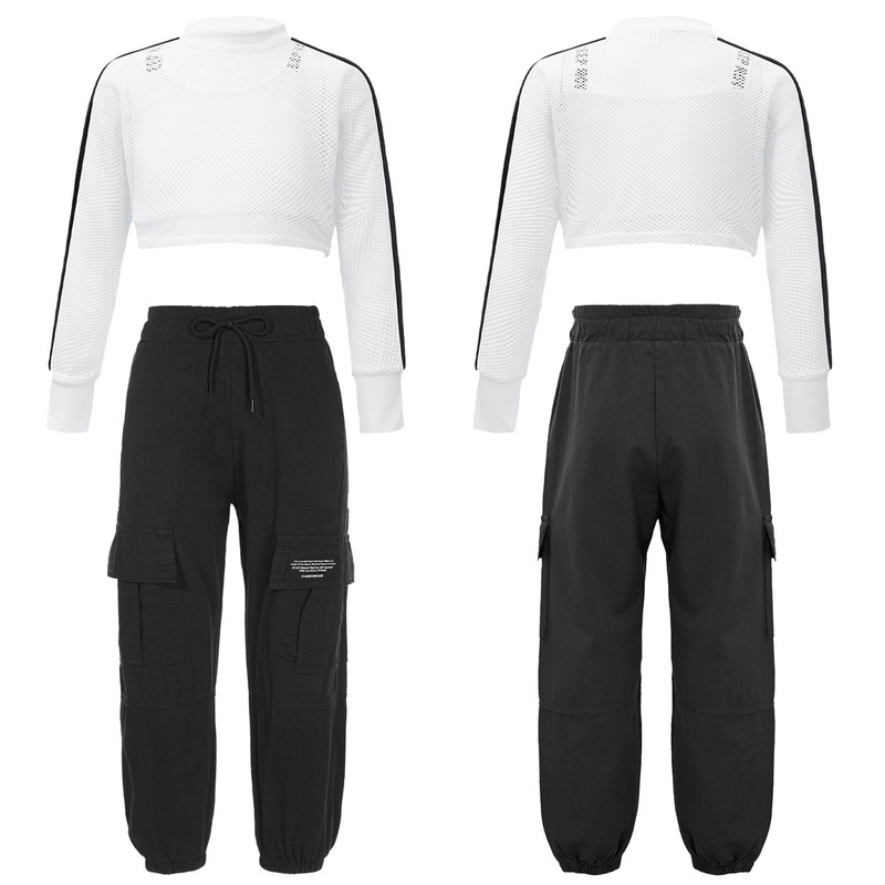 Girls Dancewear Pockets Kids Cargo Trousers Dance Outfit Letters Printed Mesh