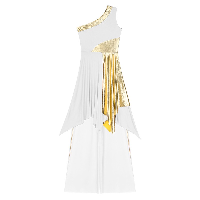 US Womens Worship Praise Dance Outfit Color Block Dress with Wide-Leg Pants