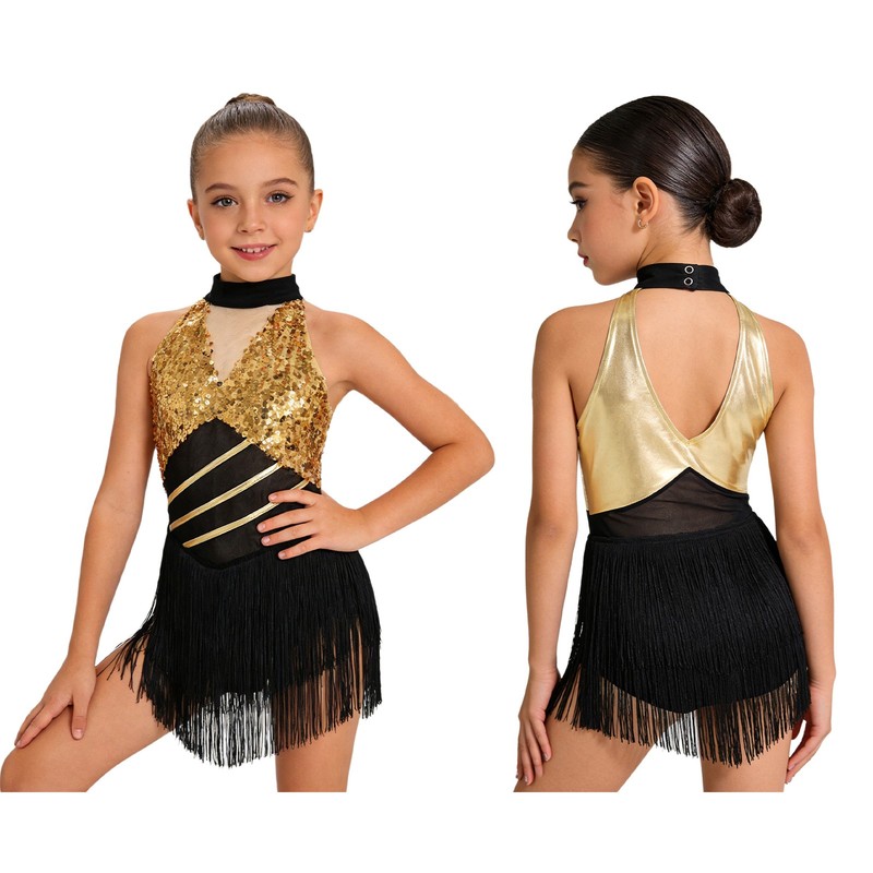 Girls Sparkly Sequin Fringe Leotard Competition Dress Latin Jazz Dance Costume