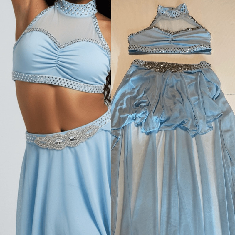 Custom solos lyrical Dance costume 2 piece light blue maxi Skirt top MC 8/10