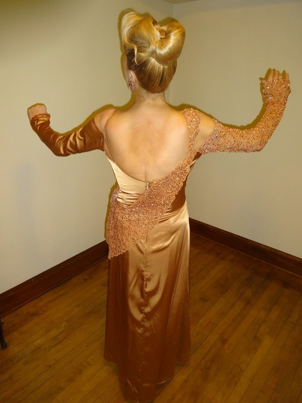 Ballroom dance gown-Size 10-12 - Satin -loaded with genuine Swarovski stones- gallery