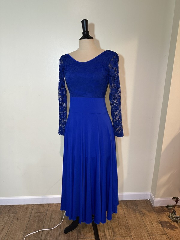 Latin Ballroom Dance Dress Modern Salsa Waltz Lace Long Dress Blue S Small