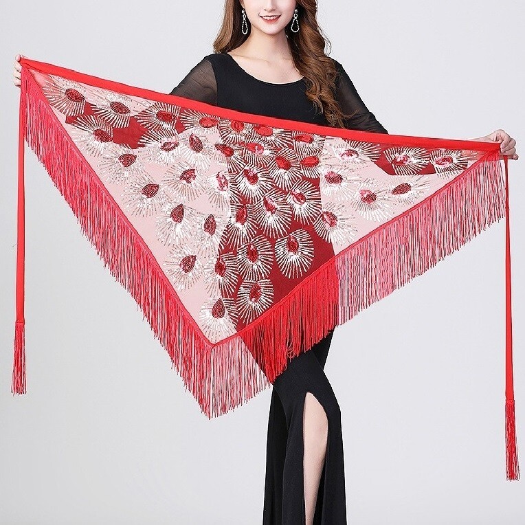 Women Belly Dance Costume Triangle Sequins Mesh Fringe Hip Scarf Belt 8 Colors