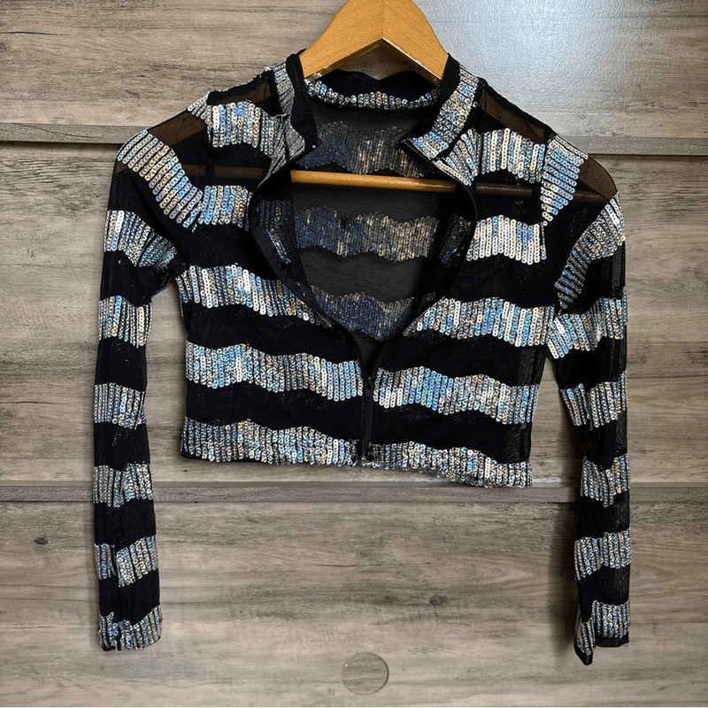 Gia-Mia Silver Iridescent Sequins Chevron Black Mesh long sleeve Dance top G313 gallery