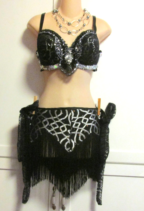 Belly Dance 3 pc Black & Silver Costume- Bra 36C, Tie Fringe Hip Wrap, Necklace