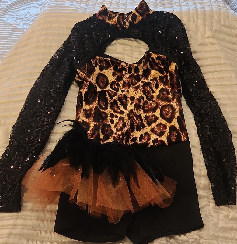 Weissman Girls LC Leopard Print Dance Costume Sequin Long Sleeves Tulle feather