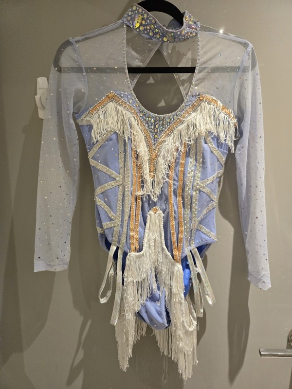Women’s Blue Rhinestone Fringe Long Sleeve Dance Leotard, Mesh Polyester