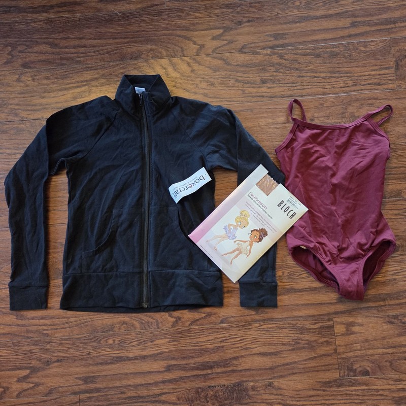 Dance Gear Set -Maroon Leotard -Black Cover Jacket -New Footed Tights – Child M