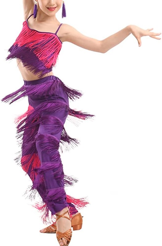 2 Piece Kid Girls Latin Ballroom Dance Costume Tassels Fringe Camisole Pants Set