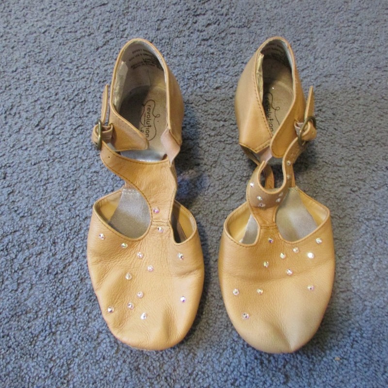 Revolution 9 Tan Rhinestones Dance Jazz Shoes Leather Buckle Strap 1″ Heel