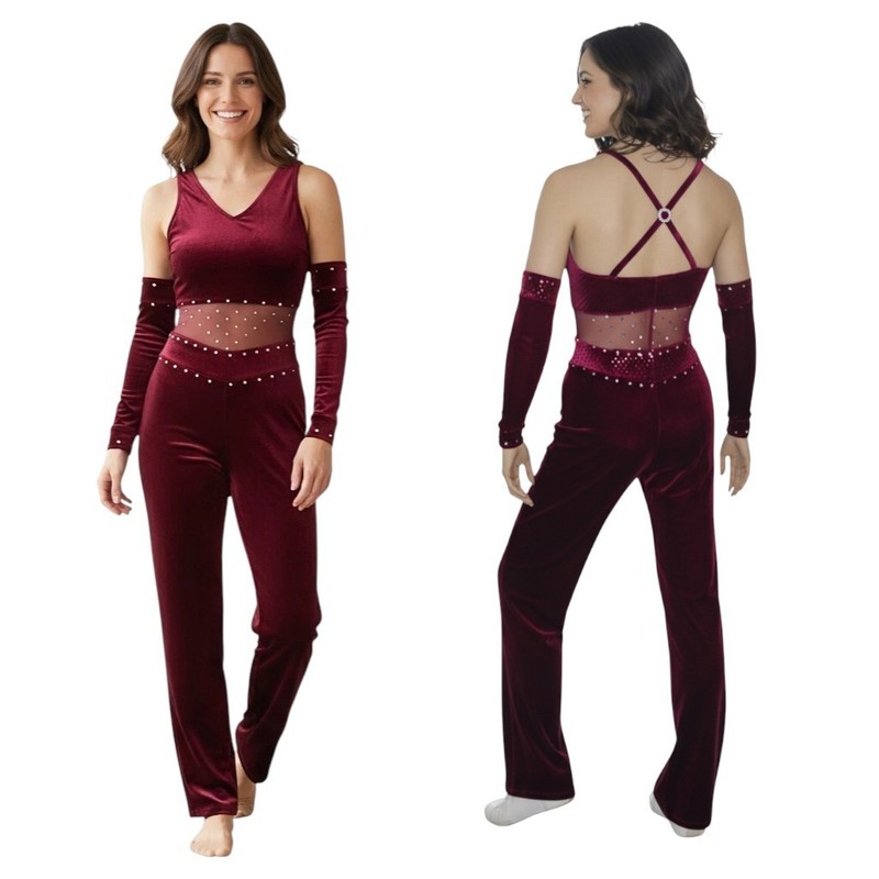 Lot of 6 Proud Mary Adult M Dance Costume Burgundy Rhinestone Jumpsuit and Mitts