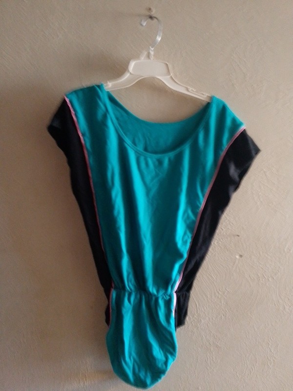 VTG Rain Beau Leotard Workout One-piece XL Poly/Cotton 80s Turquoise/Black USA