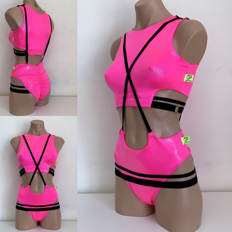 Schminke 🎩 pleasure suit Pole dance wear set wet look top bottoms straps neon