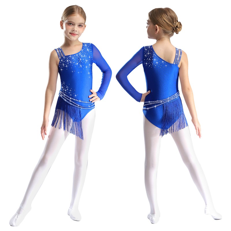 Kids Girls Bodysuit Tassel Dancewear Rhinestones Leotard Gymnastics Dance Stage