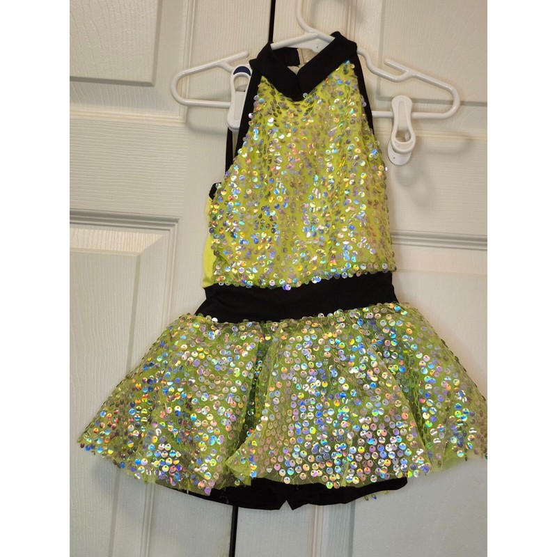 Girl Curtain Call Yellow Green Black Sequin Dance Costume Size CXS E2169