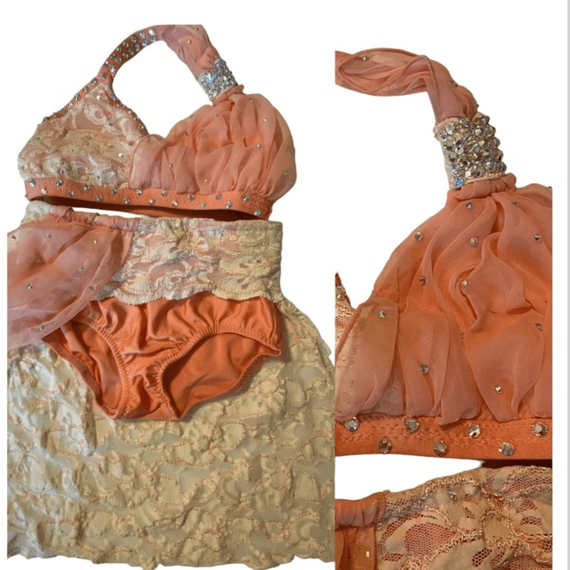 Custom made dance costume blush peach lace rhinestone 2 piece child IC/MC medium