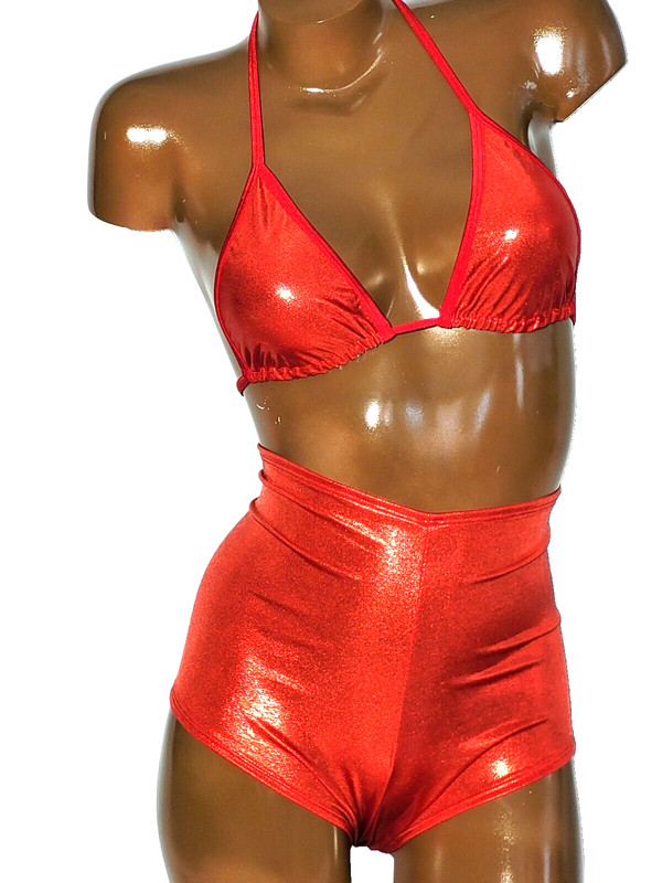 New high waist booty short set for exotic pole dancer Red hologram dot M
