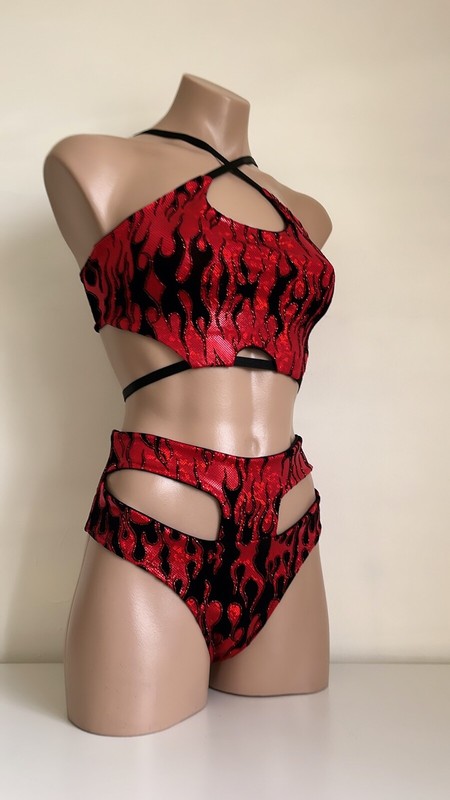 Schminke 🔥 flame baby evils hell dance set Polewear to bottoms bra top goth