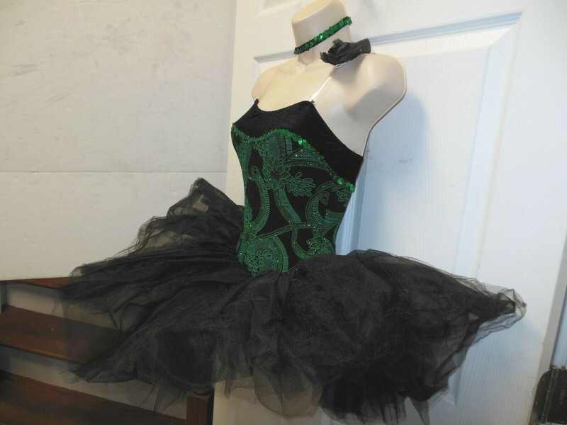 Ballet Costume Glittered Black slinky Kelly Green Short Ch/Ladies clearstraps gallery