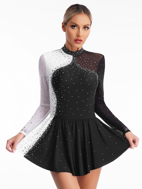 Womens Skirted Stage Performance Dancewear Press Buttons Dress Competition Show