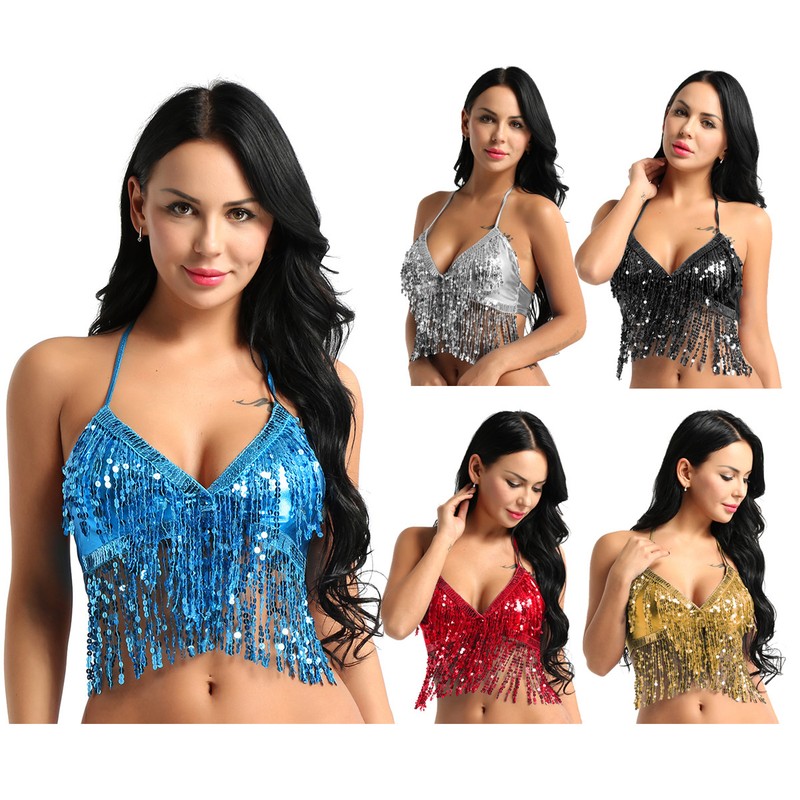 Women Dance Bra Top Sequins Sparkly Bra Fringe Crop Top Party Club Wear Costume gallery